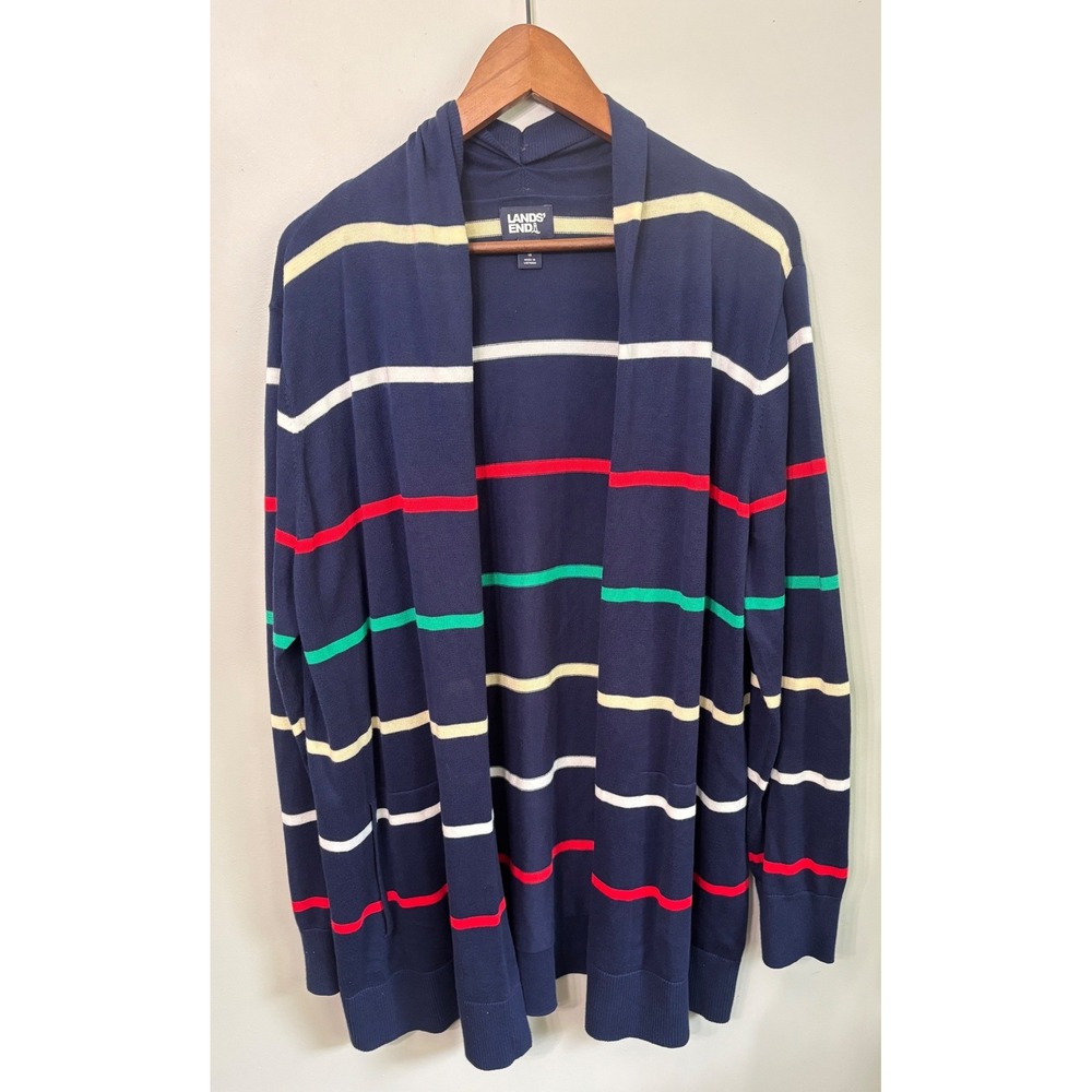 Lands End Womens XL Navy Blue Multi Color Striped Open Front Cotton Cardigan